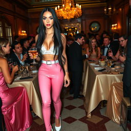 A full-length photograph of a sexy, stunning, and beautiful 18-year-old girl with pale skin and long black hair