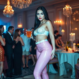 A full-length photograph of a sexy, stunning, and beautiful 18-year-old girl with pale skin and long black hair