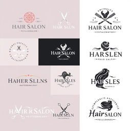 A collection of creative and stylish logo designs for hair salons, featuring elegant typography and modern graphics