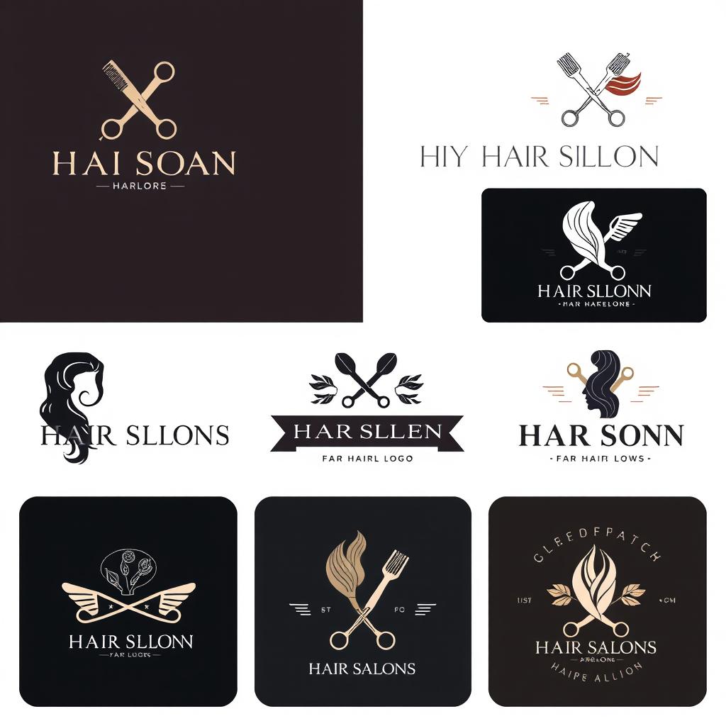 A collection of creative and stylish logo designs for hair salons, featuring elegant typography and modern graphics