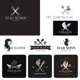 A collection of creative and stylish logo designs for hair salons, featuring elegant typography and modern graphics