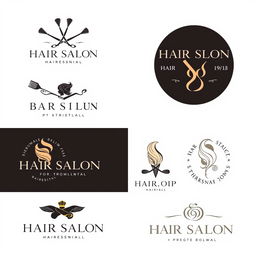 A collection of creative and stylish logo designs for hair salons, featuring elegant typography and modern graphics