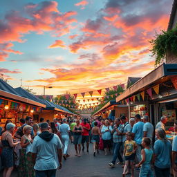 A vibrant and lively street scene during a summer festival, with colorful stalls selling handmade crafts and delicious food