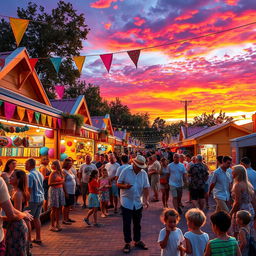 A vibrant and lively street scene during a summer festival, with colorful stalls selling handmade crafts and delicious food
