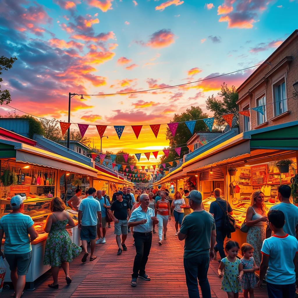 A vibrant and lively street scene during a summer festival, with colorful stalls selling handmade crafts and delicious food