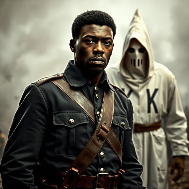 A dramatic and intense scene depicting a Black Civil War soldier in a Union uniform standing defiantly against a Ku Klux Klan member dressed in traditional white robes and a hood