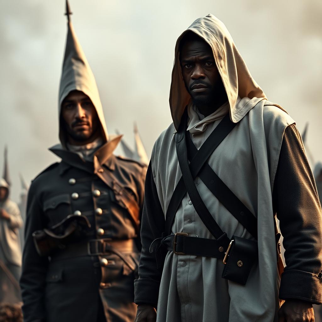 A dramatic and intense scene depicting a Black Civil War soldier in a Union uniform standing defiantly against a Ku Klux Klan member dressed in traditional white robes and a hood