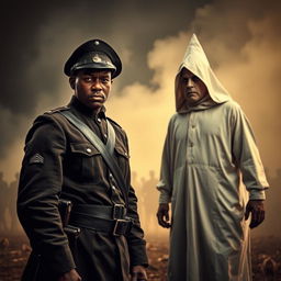 A dramatic and intense scene depicting a Black Civil War soldier in a Union uniform standing defiantly against a Ku Klux Klan member dressed in traditional white robes and a hood