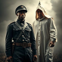 A dramatic and intense scene depicting a Black Civil War soldier in a Union uniform standing defiantly against a Ku Klux Klan member dressed in traditional white robes and a hood