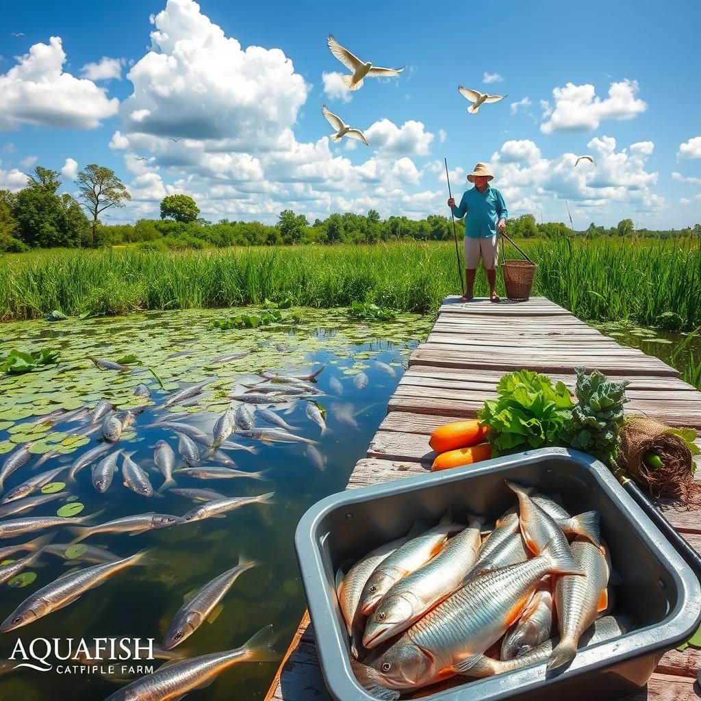 A picturesque catfish farm scene, featuring a serene pond filled with healthy catfish, lush green surroundings, and a well-maintained wooden dock extending over the water