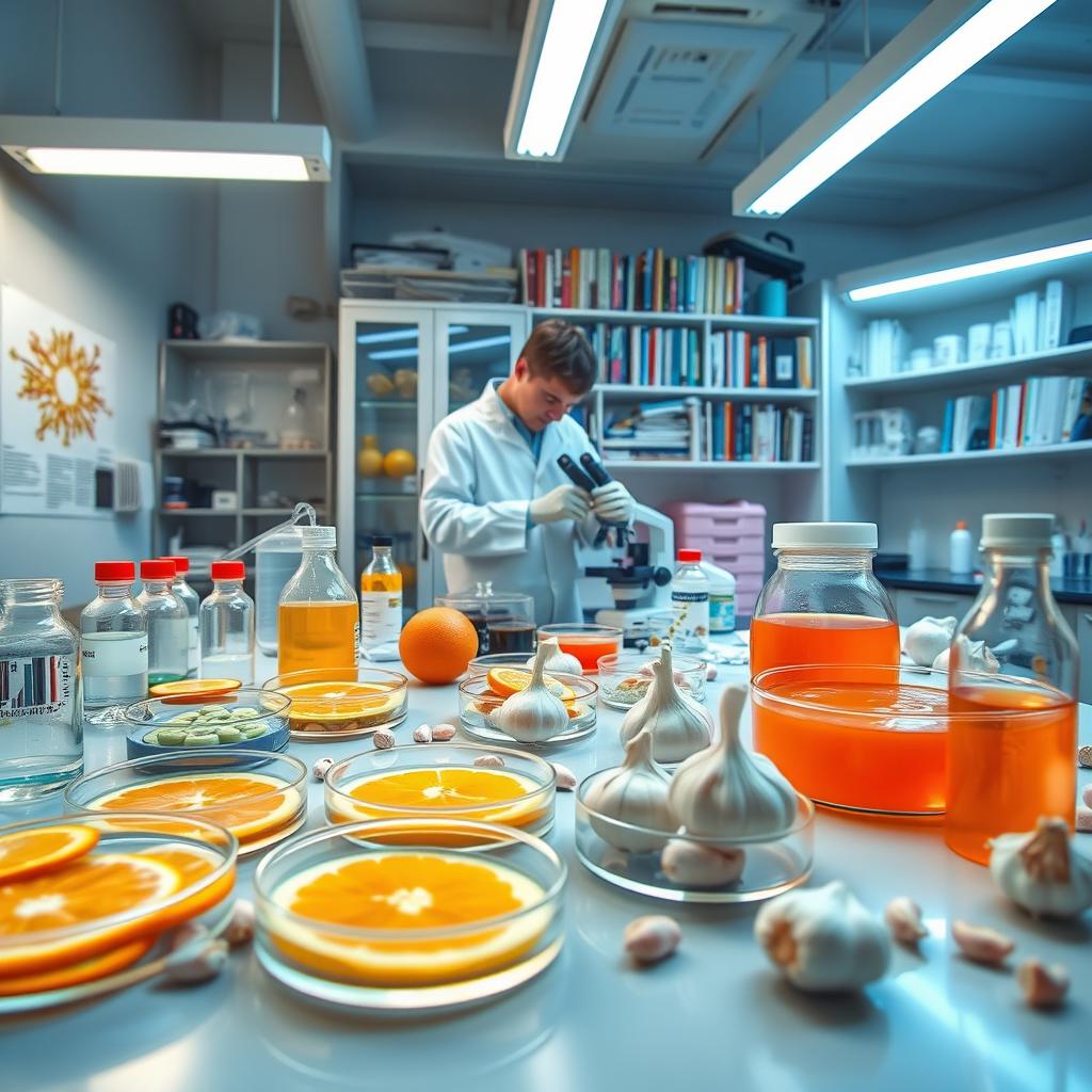 A biology lab scene focusing on the testing of the effectiveness of orange, garlic, and antibiotics against bacteria