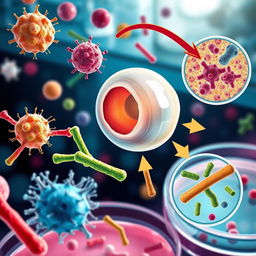 A highly detailed, scientific illustration of bacteria being killed by various methods