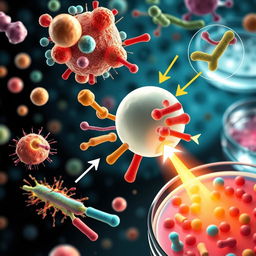 A highly detailed, scientific illustration of bacteria being killed by various methods