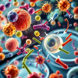 A highly detailed, scientific illustration of bacteria being killed by various methods