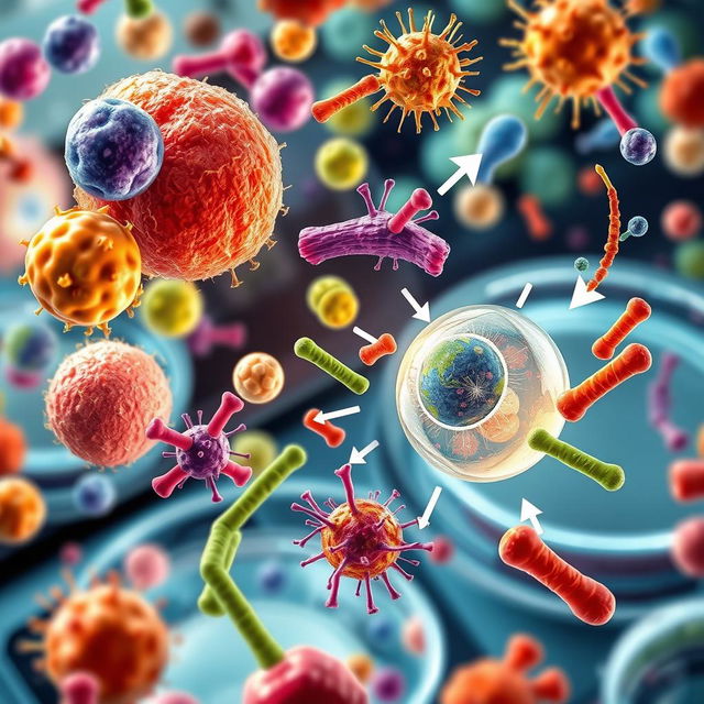 A highly detailed, scientific illustration of bacteria being killed by various methods