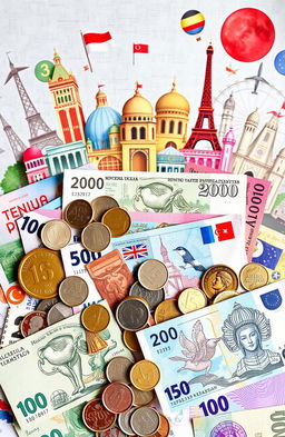 A detailed and artistic representation of various forms of currency from around the world, including banknotes and coins, artistically arranged in a visually appealing way