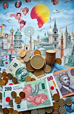 A detailed and artistic representation of various forms of currency from around the world, including banknotes and coins, artistically arranged in a visually appealing way