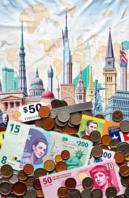 A detailed and artistic representation of various forms of currency from around the world, including banknotes and coins, artistically arranged in a visually appealing way