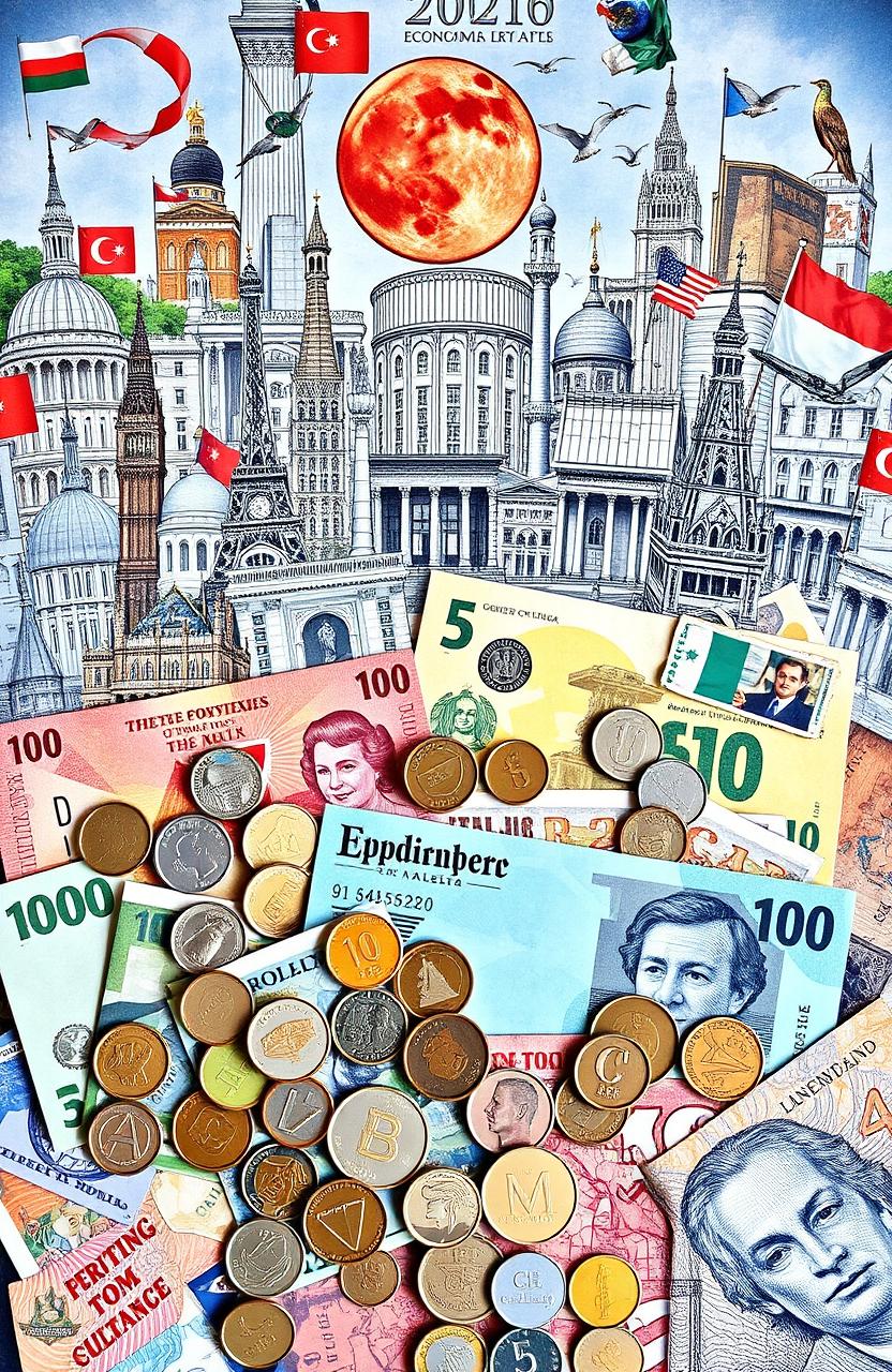 A detailed and artistic representation of various forms of currency from around the world, including banknotes and coins, artistically arranged in a visually appealing way