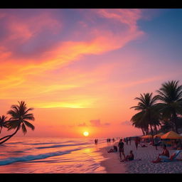 A vibrant and lively scene of a sunset over a picturesque beach