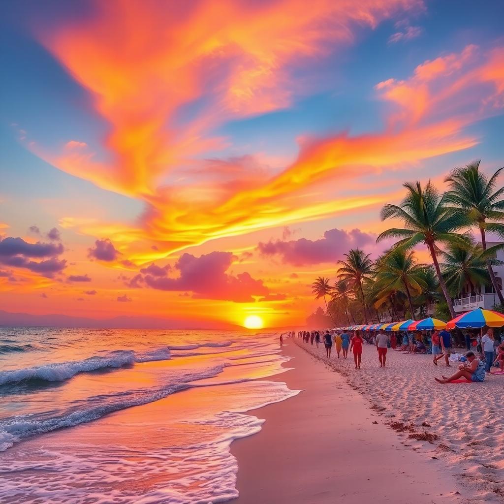 A vibrant and lively scene of a sunset over a picturesque beach