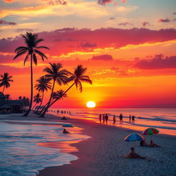 A vibrant and lively scene of a sunset over a picturesque beach