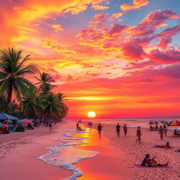 A vibrant and lively scene of a sunset over a picturesque beach