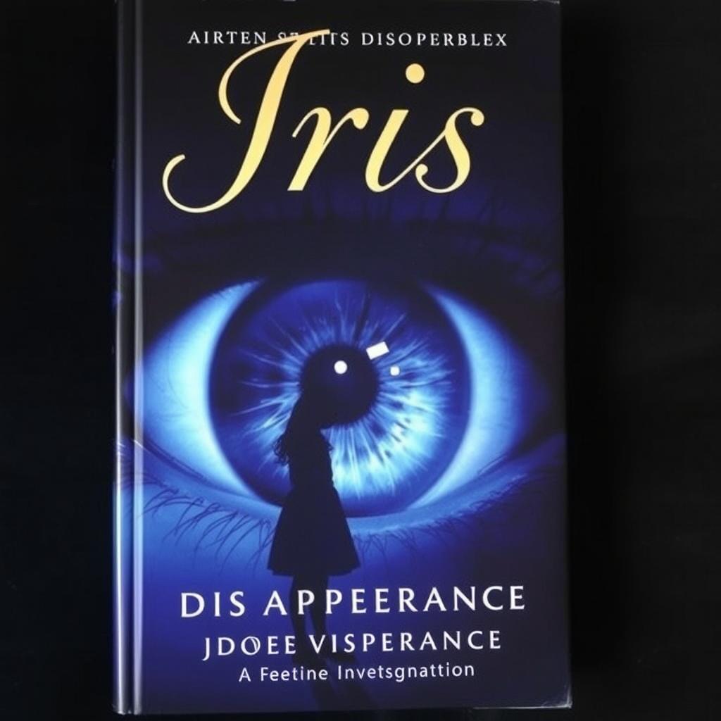 A book cover featuring a large, detailed iris of an eye, symbolizing perception and mystery, with a shadowy silhouette of a girl situated in front of the eye