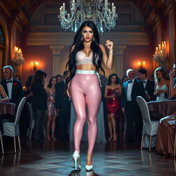 A full-length photograph of a sexy and stunning 18-year-old girl with pale skin and long black hair, portrayed as a confident figure in a playful scenario