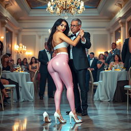 A full-length photograph of a sexy and stunning 18-year-old girl with pale skin and long black hair, portrayed as a confident figure in a playful scenario