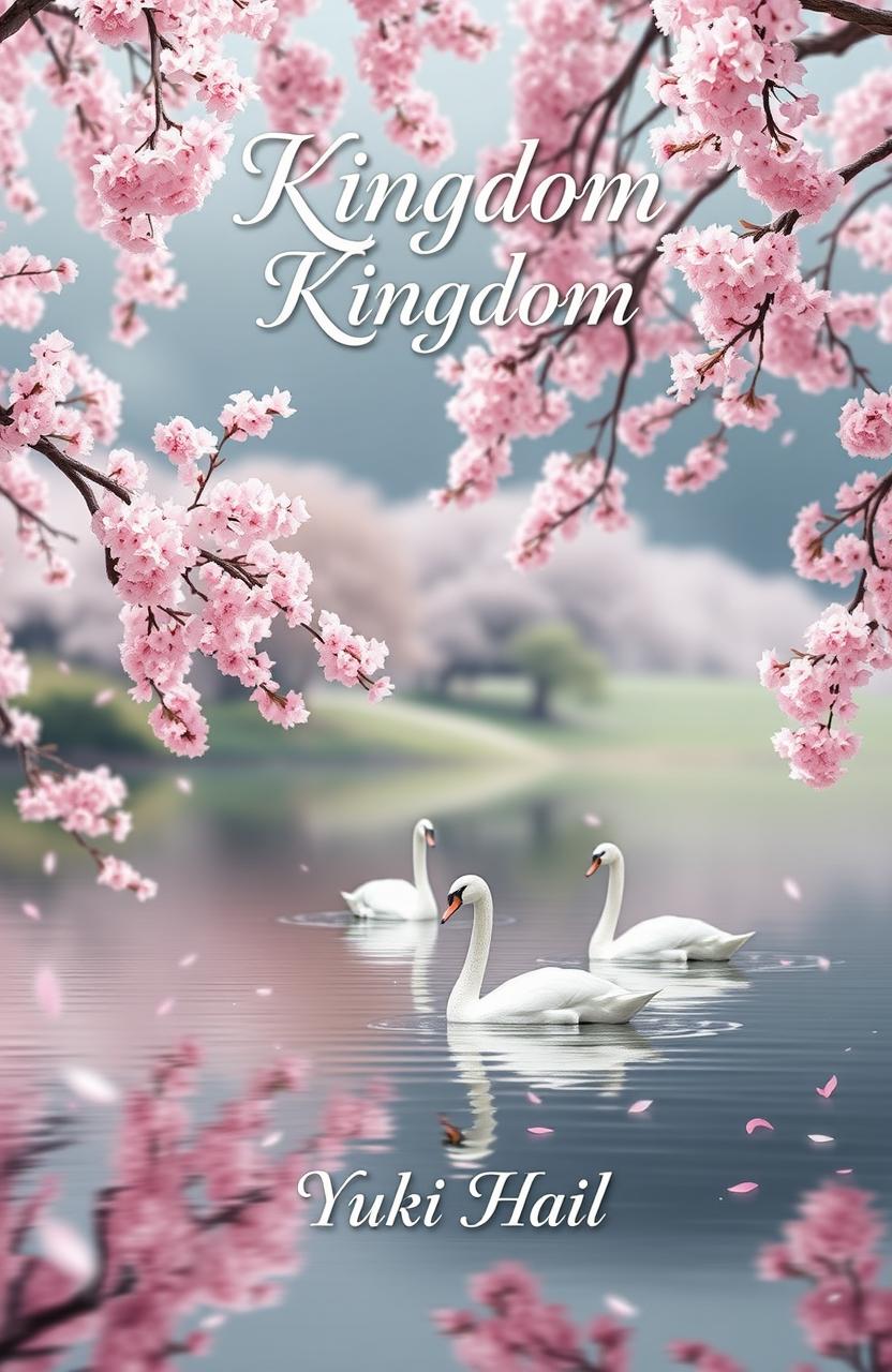 A serene landscape featuring a beautiful background of cherry blossoms in full bloom, gently cascading petals falling onto a tranquil lake