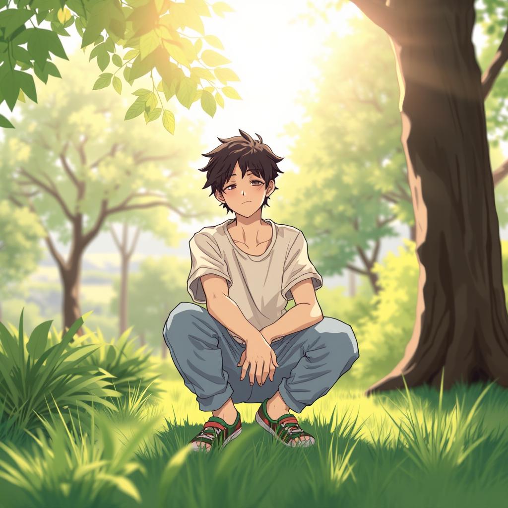 A detailed illustration of a person squatting in a relaxed outdoor setting, surrounded by lush greenery