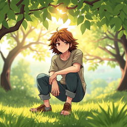 A detailed illustration of a person squatting in a relaxed outdoor setting, surrounded by lush greenery