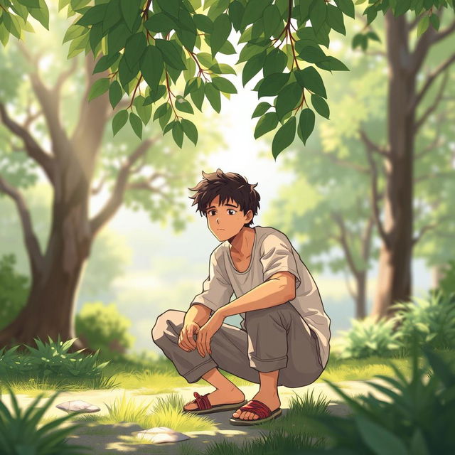 A detailed illustration of a person squatting in a relaxed outdoor setting, surrounded by lush greenery