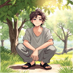 A detailed illustration of a person squatting in a relaxed outdoor setting, surrounded by lush greenery