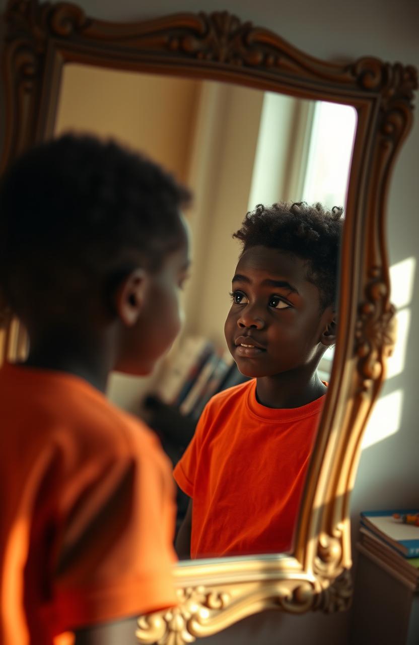 A young Black boy looking at himself in a mirror, reflecting a moment of self-discovery and contemplation