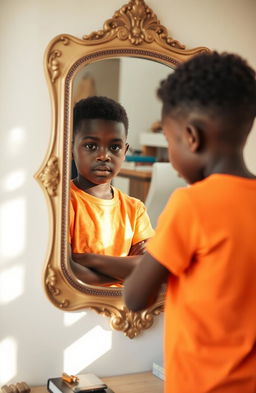 A young Black boy looking at himself in a mirror, reflecting a moment of self-discovery and contemplation