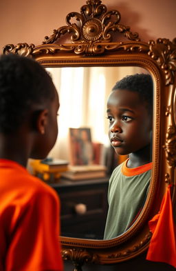 A young Black boy looking at himself in a mirror, reflecting a moment of self-discovery and contemplation