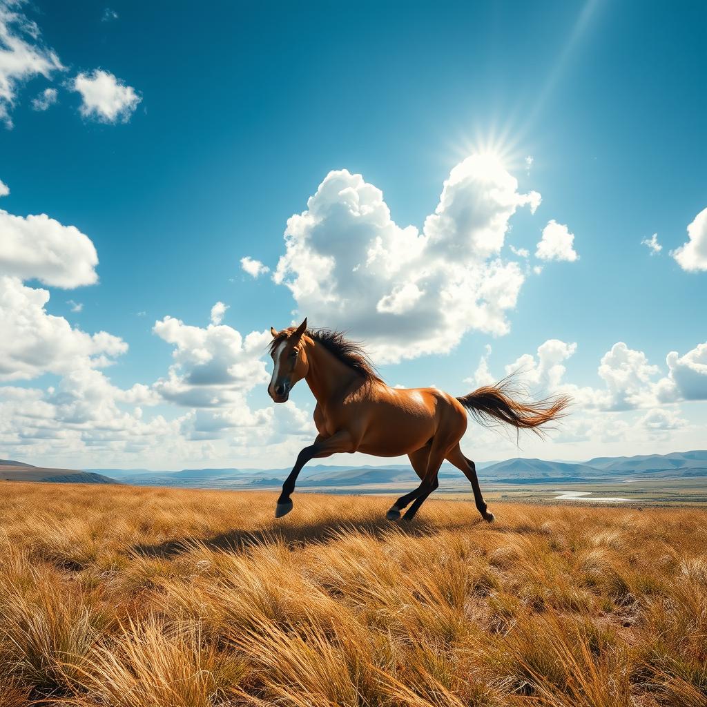 A majestic scene of a wild horse galloping across a vast, open landscape, with long grasses swaying in the breeze