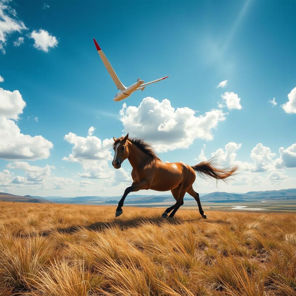 A wild horse with a shiny chestnut coat running energetically across a field of golden grass under a bright blue sky
