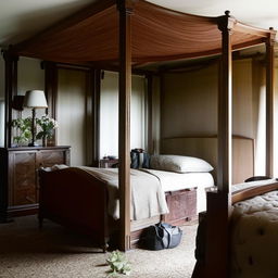 An English styled bedroom for men, with dark oak furniture, a four-poster bed, traditional decor, and a mood of quiet elegance.