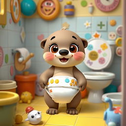 An adorable scene depicting Baby Butter, an animated cartoon otter, excitedly preparing for potty time