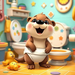 An adorable scene depicting Baby Butter, an animated cartoon otter, excitedly preparing for potty time