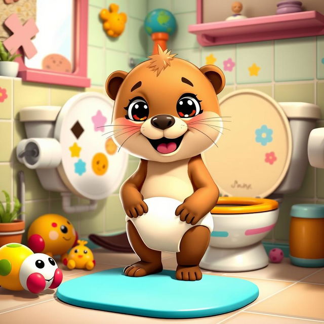 An adorable scene depicting Baby Butter, an animated cartoon otter, excitedly preparing for potty time