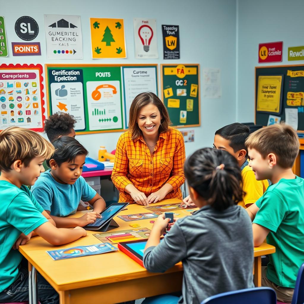 An educational scene depicting gamification in action, with diverse students engaged in a colorful classroom filled with interactive elements like game boards, digital tablets, and educational puzzles