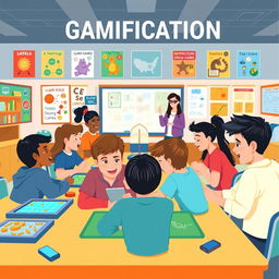 An engaging illustration representing gamification in education, featuring a classroom setting where students are actively participating in a game-like learning environment