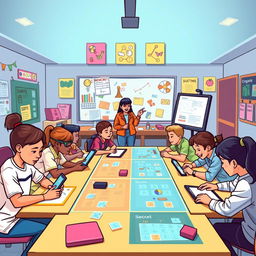 An engaging illustration representing gamification in education, featuring a classroom setting where students are actively participating in a game-like learning environment