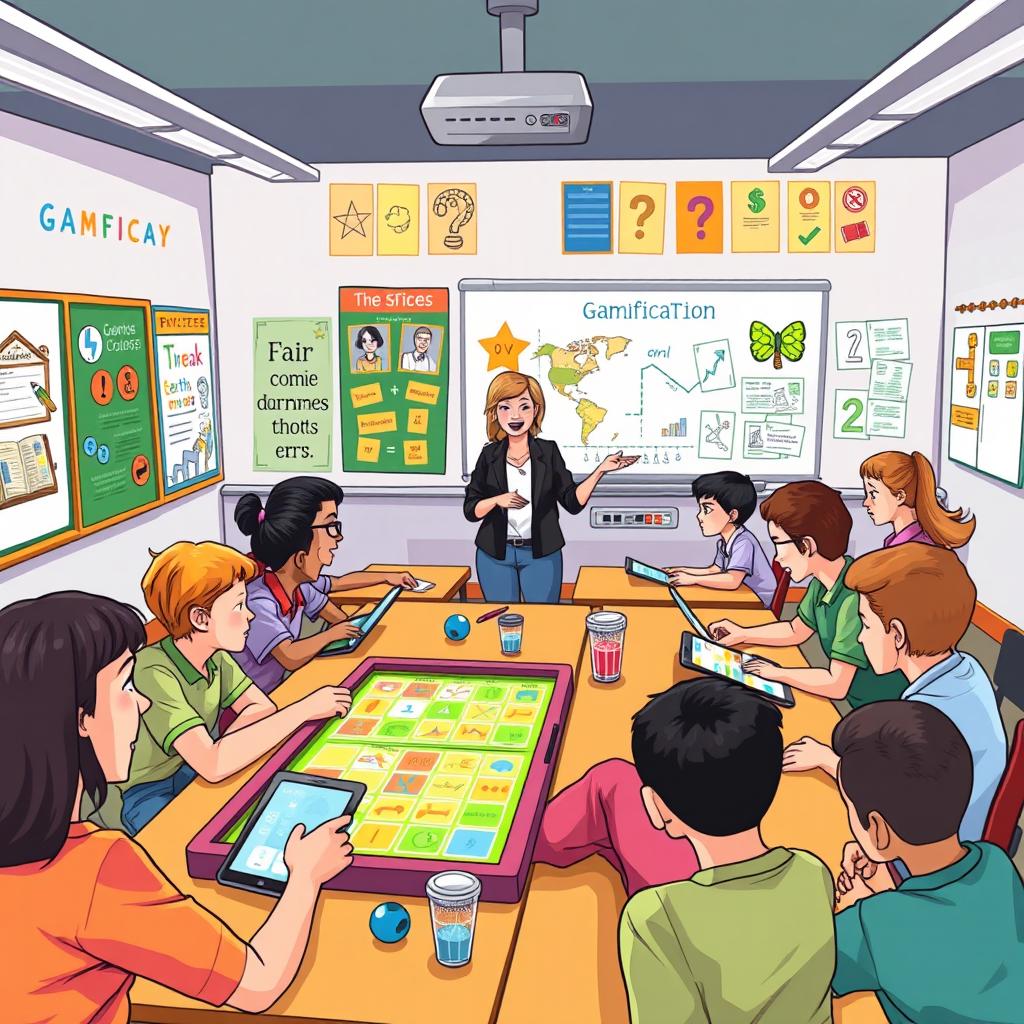 An engaging illustration representing gamification in education, featuring a classroom setting where students are actively participating in a game-like learning environment