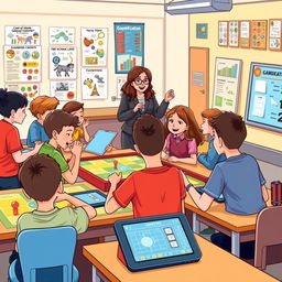 An engaging illustration representing gamification in education, featuring a classroom setting where students are actively participating in a game-like learning environment