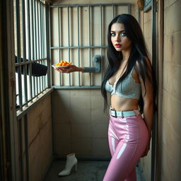 A full-length photograph of a sexy, stunning, and beautiful 18-year-old girl with pale skin and long black hair